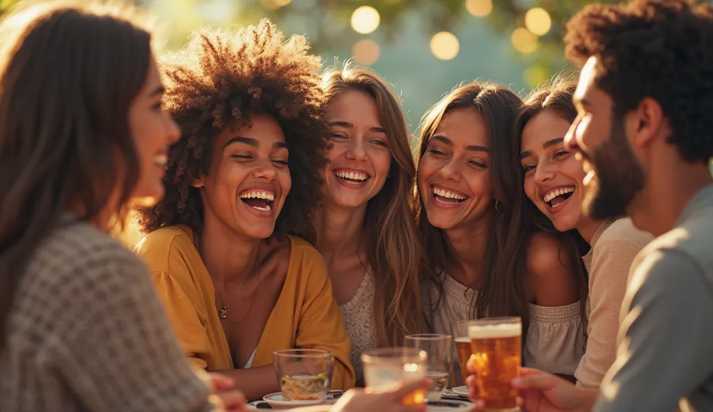 Group of friends laughing together without cellphones