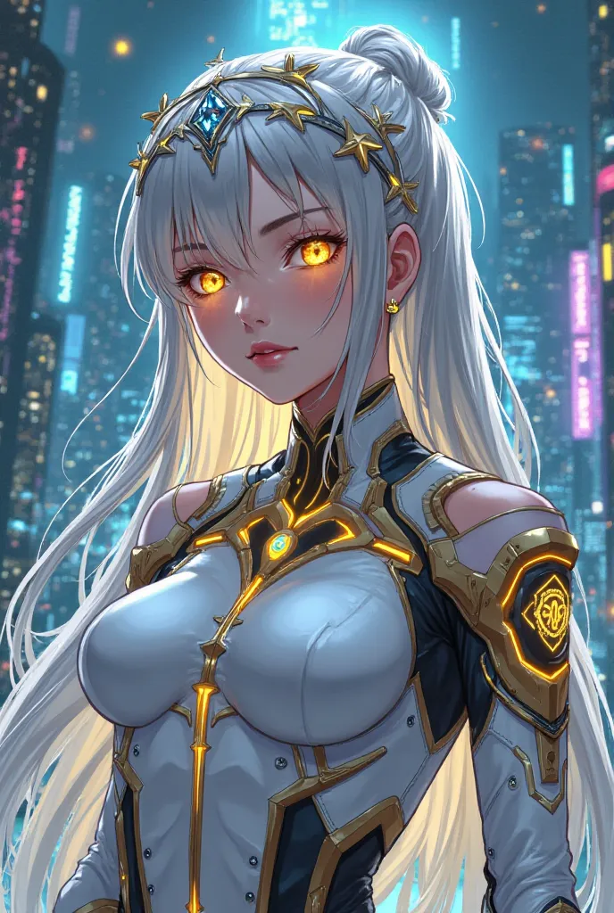 Create anime-style fan art of a cyber priestess in a Cyberpunk world. She has long, silver hair with golden reflections, adorned with a technological tiara with bright LED lights. Her golden eyes shine with a mechanical glow, showing a digital interface in...