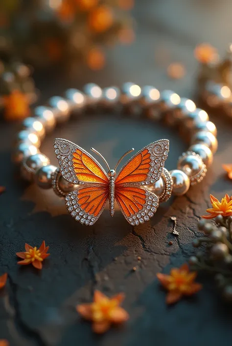 

Bracelet with beautiful silver beads and a special butterfly pendant in orange