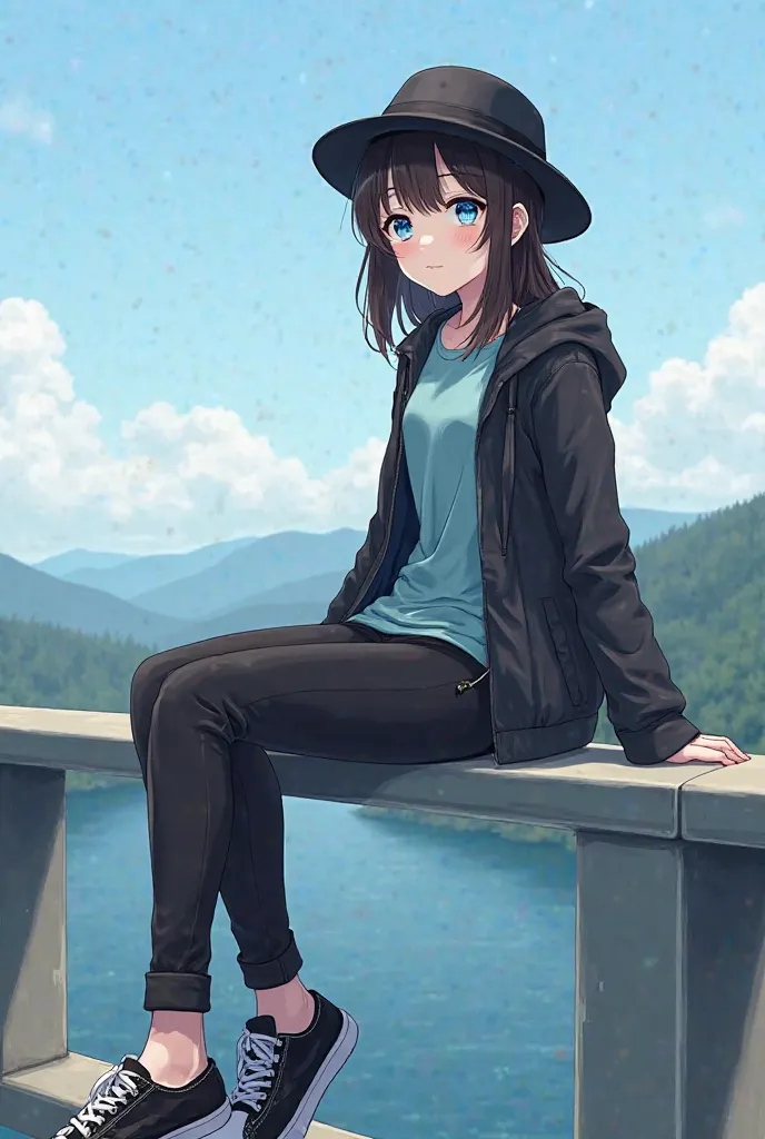  18 year old girl, white skin,  dark brown hair and waist-length,  sky blue eyes, light blue flannel ,  black jacket, Black Fedora Hat, black pants, black and white sports shoes, To be seated on the railing of a bridge while looking at the landscape, Anime...