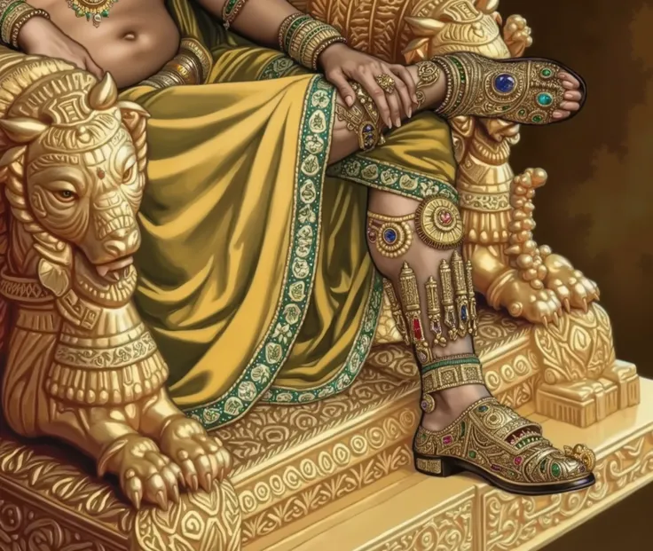A majestic close-up of Lord Kubera, the god of wealth, seated on an ornate golden throne, exuding power and opulence. His luxurious golden silk drapery flows elegantly, embroidered with emerald-green and sapphire-blue accents, contrasting beautifully again...