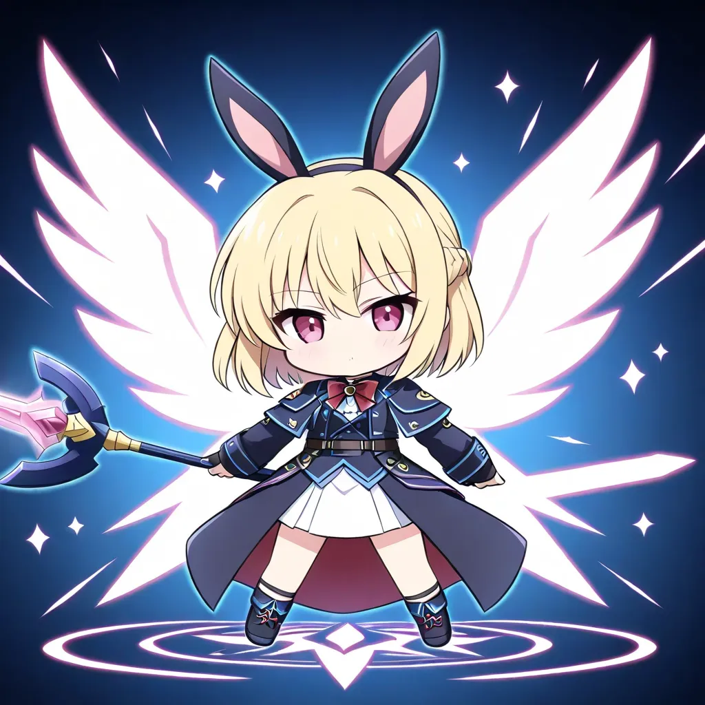 Chibi character: 1.2, light beige short bob, partially braided hair up one side, one beautiful girl, thin face, narrow eyes, pink eyes, chibi character, very sullen expression, dressed like a white rabbit: 1.2, this Japanese anime style chibi character is ...