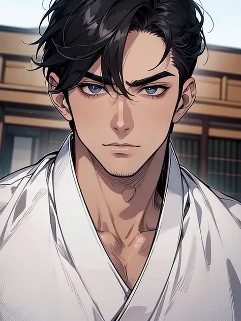  ultra detailed ,Haig Quality,OUTLINE,1masculino,macho maduro,Pretty face,(short black hair), handsome men,pearl skin , short sleeve white shirt ,droopy eyes, Japanese high school ,dynamic angle, Japanese anime ,corps inteiro, face forward 