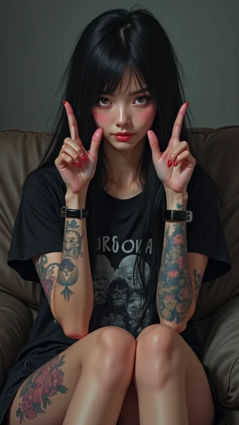  A young woman with long black hair and sharp eyes, wearing a black T-shirt with a picture of horror characters. She sits relaxed on the sofa with a calm expression, doing hand gestures shaka sign. Her arm is 3D tattooed in contrast to the iridescent color...