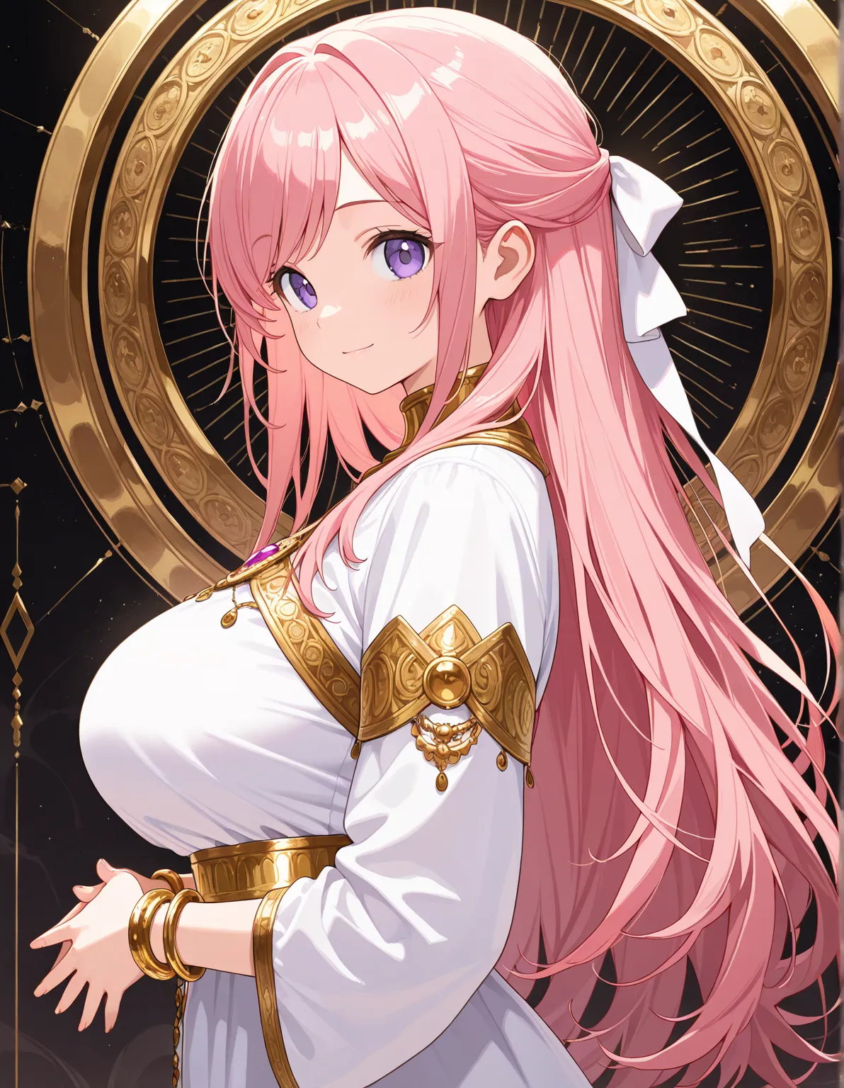 1girl, solo, voluptuous, (tareme:0.8), purple eyes, pink hair long hair, half updo, hair ribbon, swept bangs, general, mythological goddess clothes, bangles, gold ornaments, from side, upper body, own hands together, looking at viewer, light smile, mytholo...