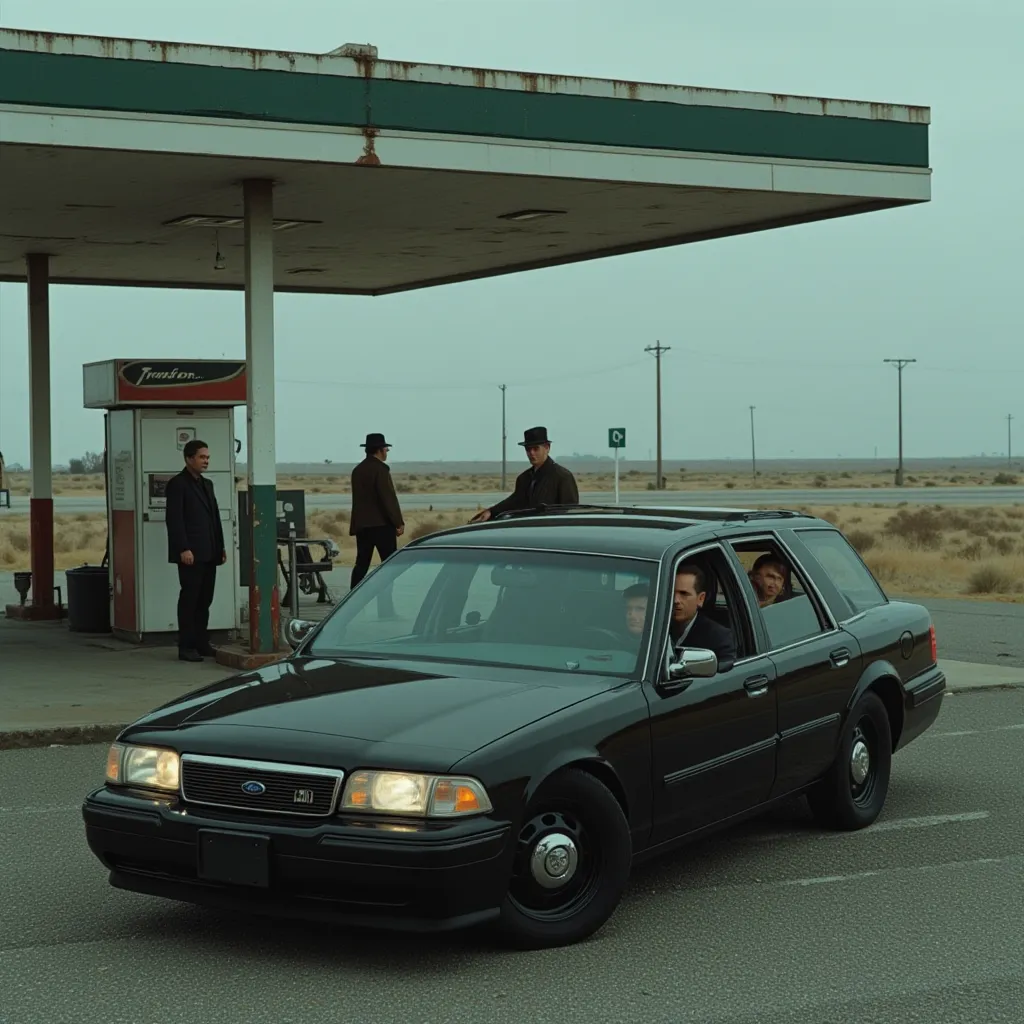 there is a black Ford Crown Victoria sedan with four men in it, parked at a gas station on a deserted highway