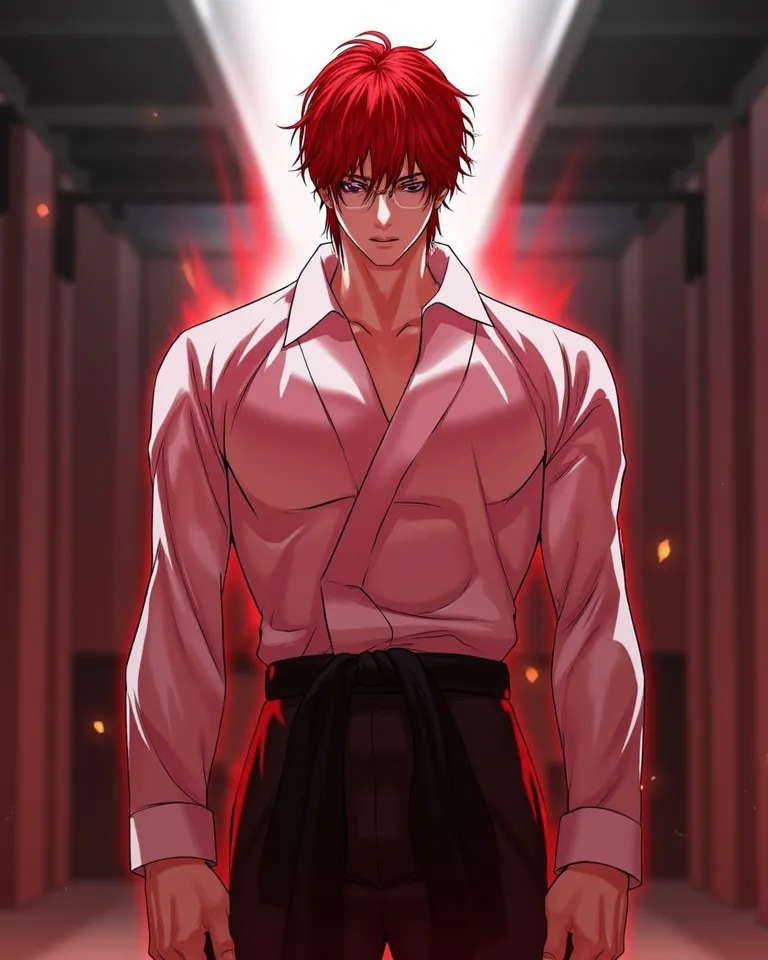 1Man Good looking short red hair Brown eyes wearing glasses Good shape tall wearing school dress cold face school background with hidden red aura light red eye aura light in red eyes high resolution, depth of field, best quality,  Standing strong kick