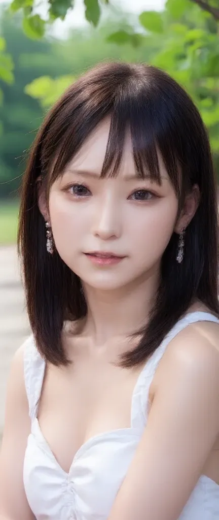 Super realistic photo of a 20-year-old Japanese woman。Elegant and elegant atmosphere、Clear natural skin、reproduces even a precise skin texture。Softer than light、natural makeup。Big dark brown eyes、Straight black hair up to the shoulders、 has bangs。 wearing ...