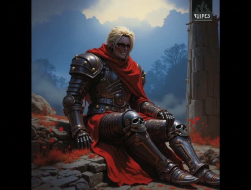 His armor is a striking fusion of knightly medieval plate armor, intricate steampunk aesthetics, and innovative inventor-tech elements. The polished black metal plating is adorned with ominous skull motifs on his knee guards and gauntlets, hinting at a dar...