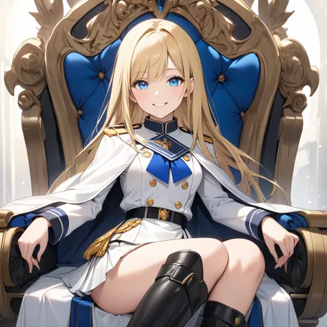 High resolution, high quality, HD, beautiful female, 1 female, beautiful, ager, cheerful, smiling, medium breasts, long straight hair, blonde hair, blue eyes, white military uniform, white skirt, shor skirt, white cape, black boots, sitting on a throne 