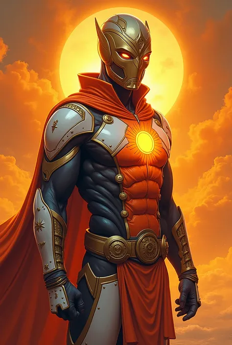 A superhero with power of hindi gods with a suit and mask the name of him is Aryavarta use the A from the name on the chest colour of the suit mixture of orange and white make a cool mixture of futuristic and ancient on the suit the superhero is a 20 year ...