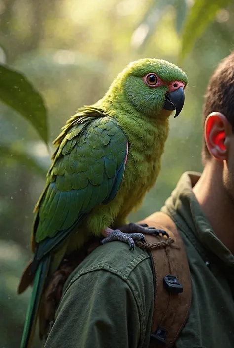 A Kakapo sitting on a researcher’s shoulder, looking curious and friendly. Its bright green feathers shine under the soft jungle light."