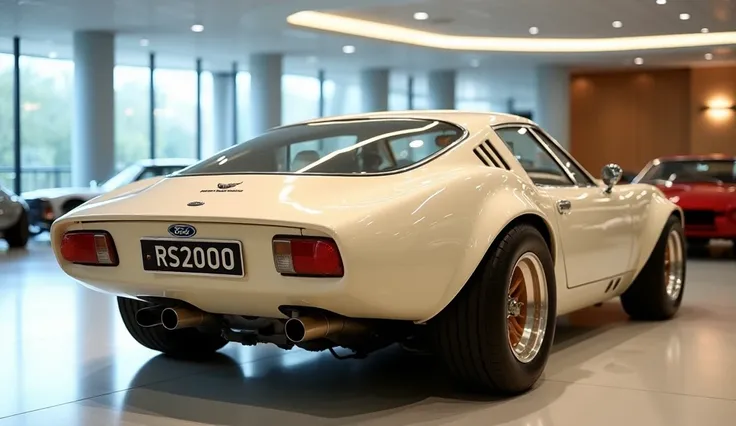 "A realistic, high-quality image of a modern sports car seen from the  left angle view with back bumper view view, resembling a 1964 Ford Escort MK2 RS2000. The car is cream 🍦 with glossy paint and a sleek, aerodynamic design. It has . The Ford logo is dis...