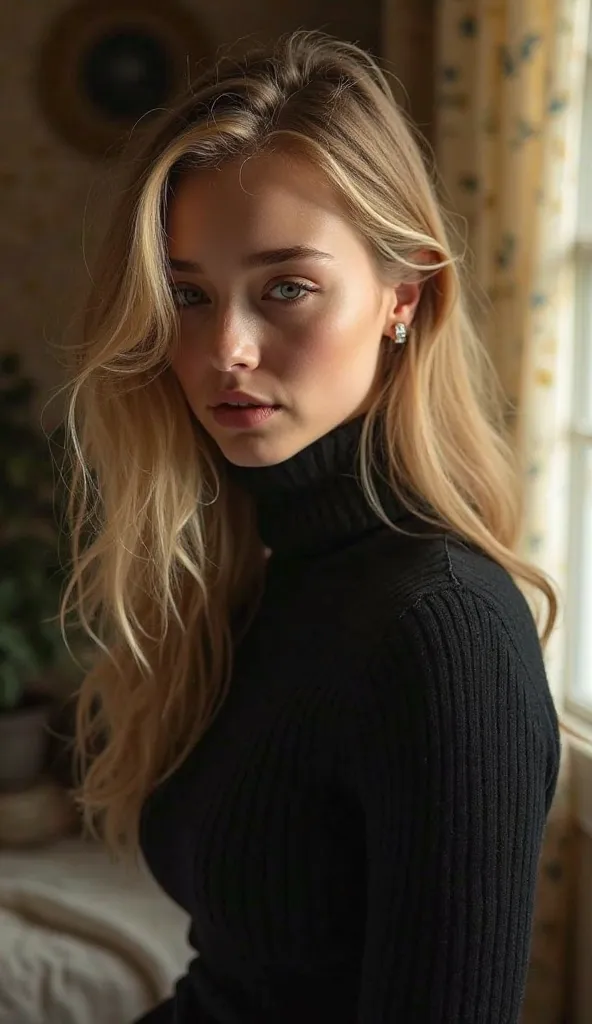 captivating image depicts a young woman with flowing, golden-blonde hair sitting in a pensive, contemplative pose. The figure's attire consists of a form-fitting, black turtleneck sweater that highlights her slender, graceful frame. The woman's gaze is dir...