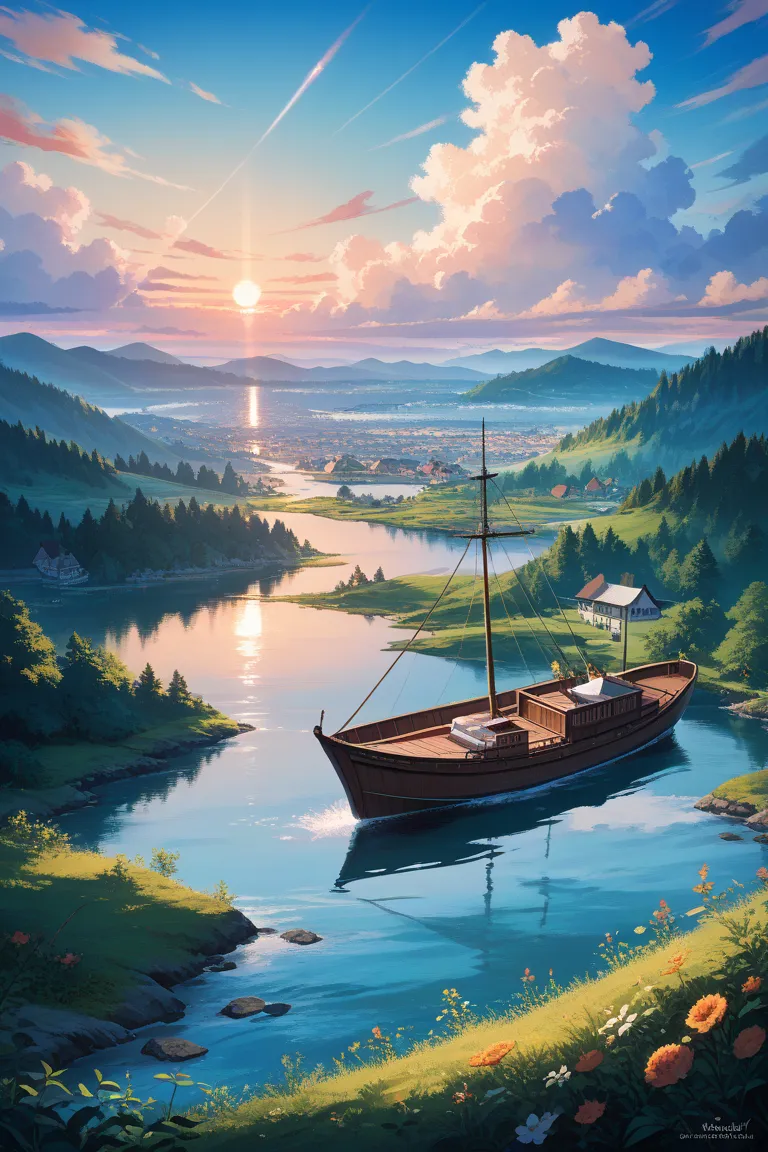 Picture of a sunset scene with boats and houses on the seashore,Highly detailed Ghibli Art, BEAUTIFUL GIBRIARTS,  Landscape, Ghibli style painting,  beautiful painting with fox ears 