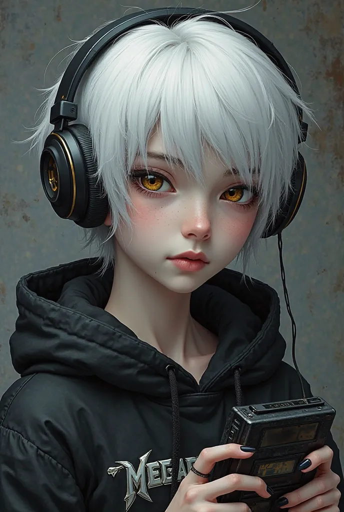 Muscled boy. Have emo-bob hairstyle with white hair. Wearing headphones and using an old fashion walkman. Have heterochromia that causes that my left eye is amber and right one is black. Have pure white skin. Wearing a cosy Megadeth hoodie. Have long and b...