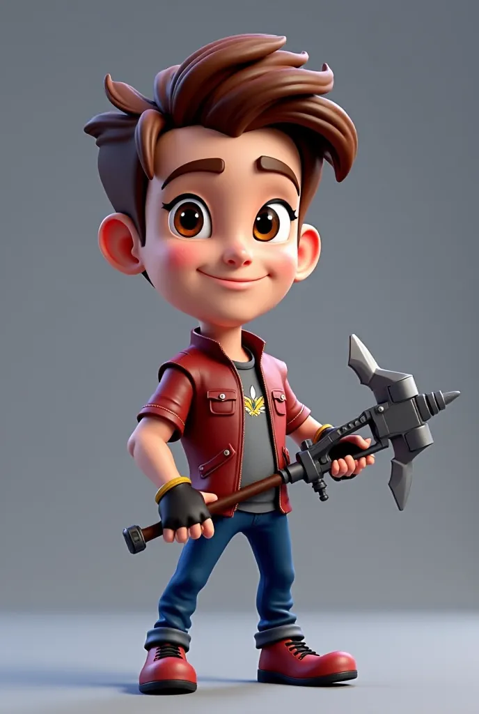 Can you write the text in English because I don't know it in English? Please create a 3D digital caricature of Jayce from the animated series Arcane holding his weapon. The body must be straight, as well as the head. The whole body should be visible in the...