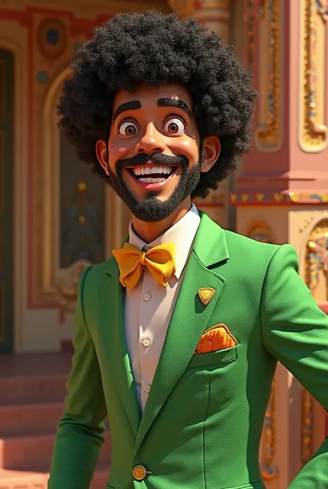 A highly detailed 3D-rendered character of a joyful, comedic Egyptian man wearing a vibrant green suit, white shirt, and a yellow bowtie. He has a retro 70s-style black curly wig