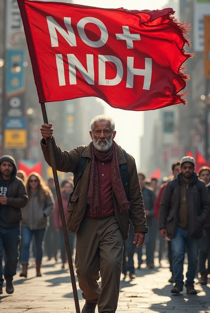 Old man leading a protest in the middle of a large avenue with a red flag and white capital letters that say NO + INDH  