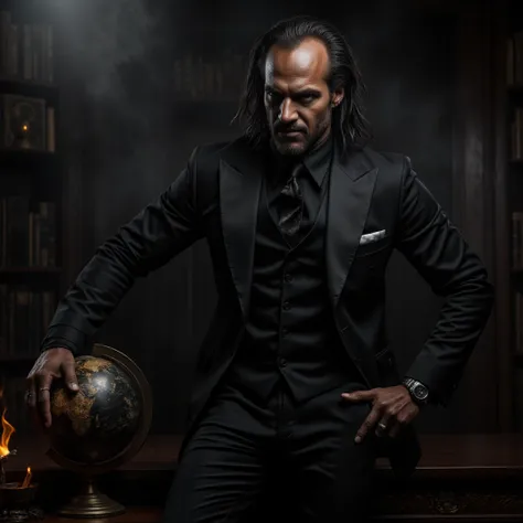 A powerful image of a muscular anthropomorphic Crow. Wearing all black 3 piece suit. Dynamically posing for photoshoot. Cool looking, handsome, confident and important. Silver watch and 2 rings. Dark smokey manor library background. Leaning against an extr...