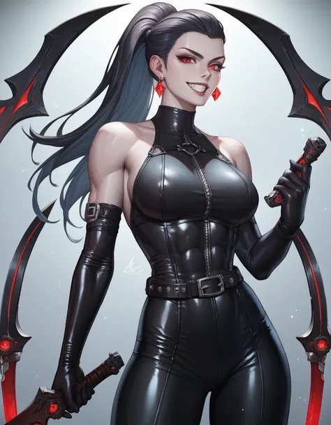 female black sleeveless latex bodysuit, black belt, black long tight pants, racerback, bare shoulders, long elbow gloves, black gloves, toned arms, beautiful faces, black ponytail with showing forehead, long sleek ponytail, earrings, soft smooth skin, pale...