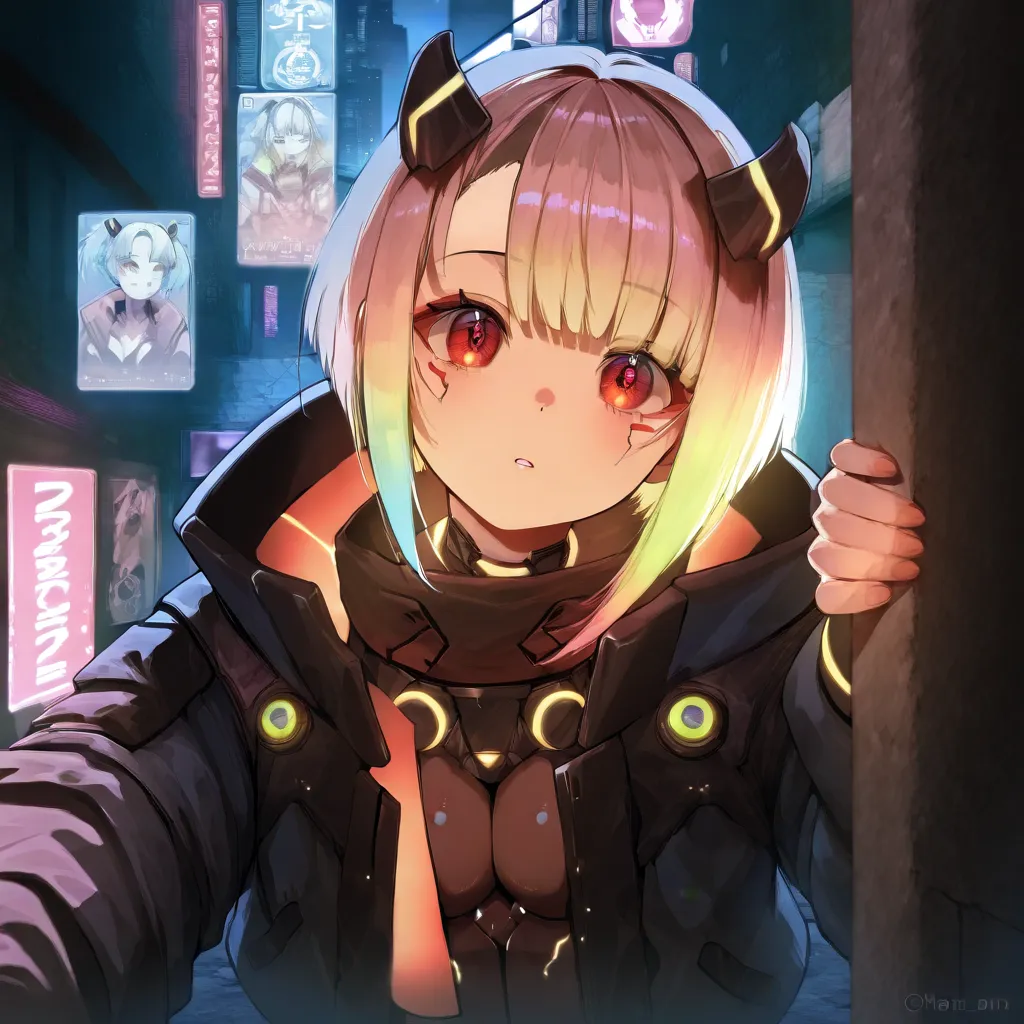 best quality, very aesthetic, ultra-detailed, best illustration、 cyberpunk city、cute girl、cute cyberpunk clothes、、An idol wearing an idol costume hiding in a street corner、 surprised