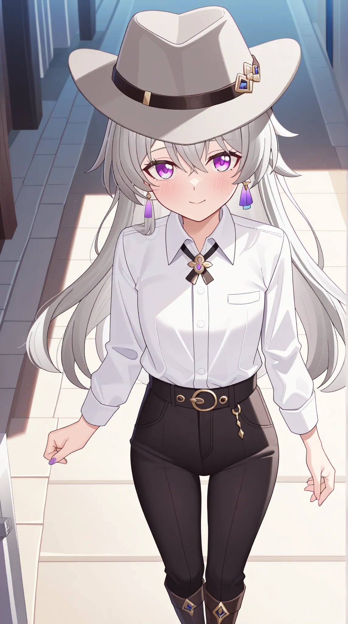 1 girl, solo, long hair, looking at viewer, blush,  purple eyes, grey hair,  theherta (honkai: star rail), cowboy shots,