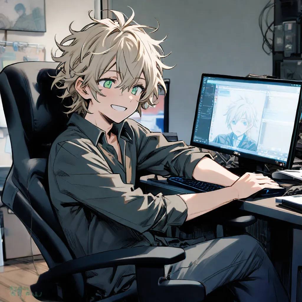 (absurdres, highres, ultra detailed:1.2),(solo boy:1.5),(middle age:1.1),(male focus:1.5),Drooping eyes,(beige color hair:0.9),messy hair,cobalt green eyes,black knitwear,peaceful,indoor,happy,computer,sit in a chair
Negative prompt: (EasyNegative:1.1),(ng...