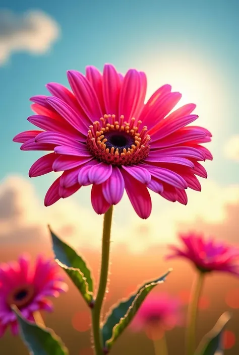 Fiusha-colored gerbera flower against a sunny sky background with a butterfly flying above