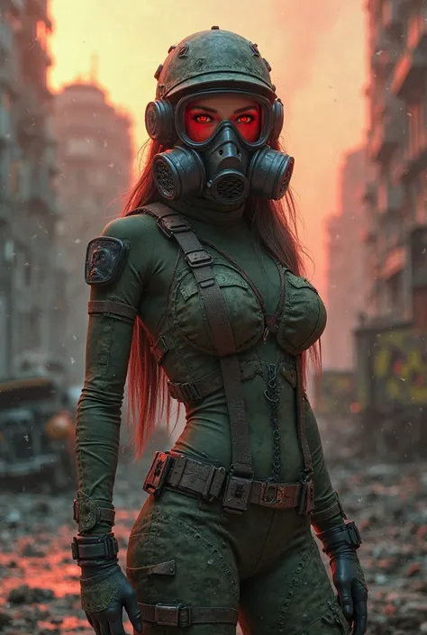 A woman in a gas mask wearing sexy military clothes in a post-apocalyptic environment 