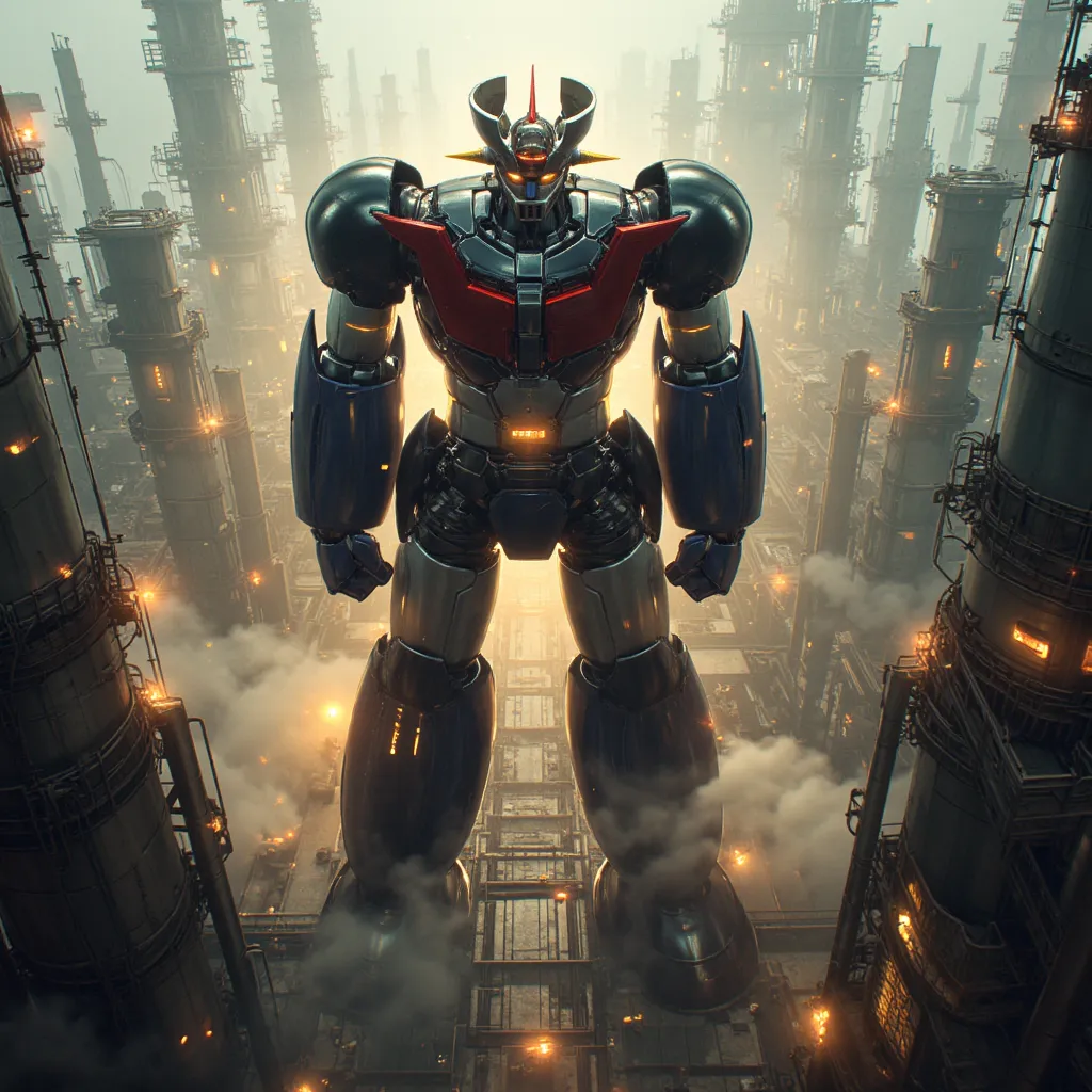  very realistic version of the modified Mazinger Z ,  Mazinger Z is 100 meters tall.  steel ,   Carbon Fiber  ,   Other industrial elements are also visible  ,  Just like the real thing  ,   I'm standing ahead at the height of a high-rise tower where high ...