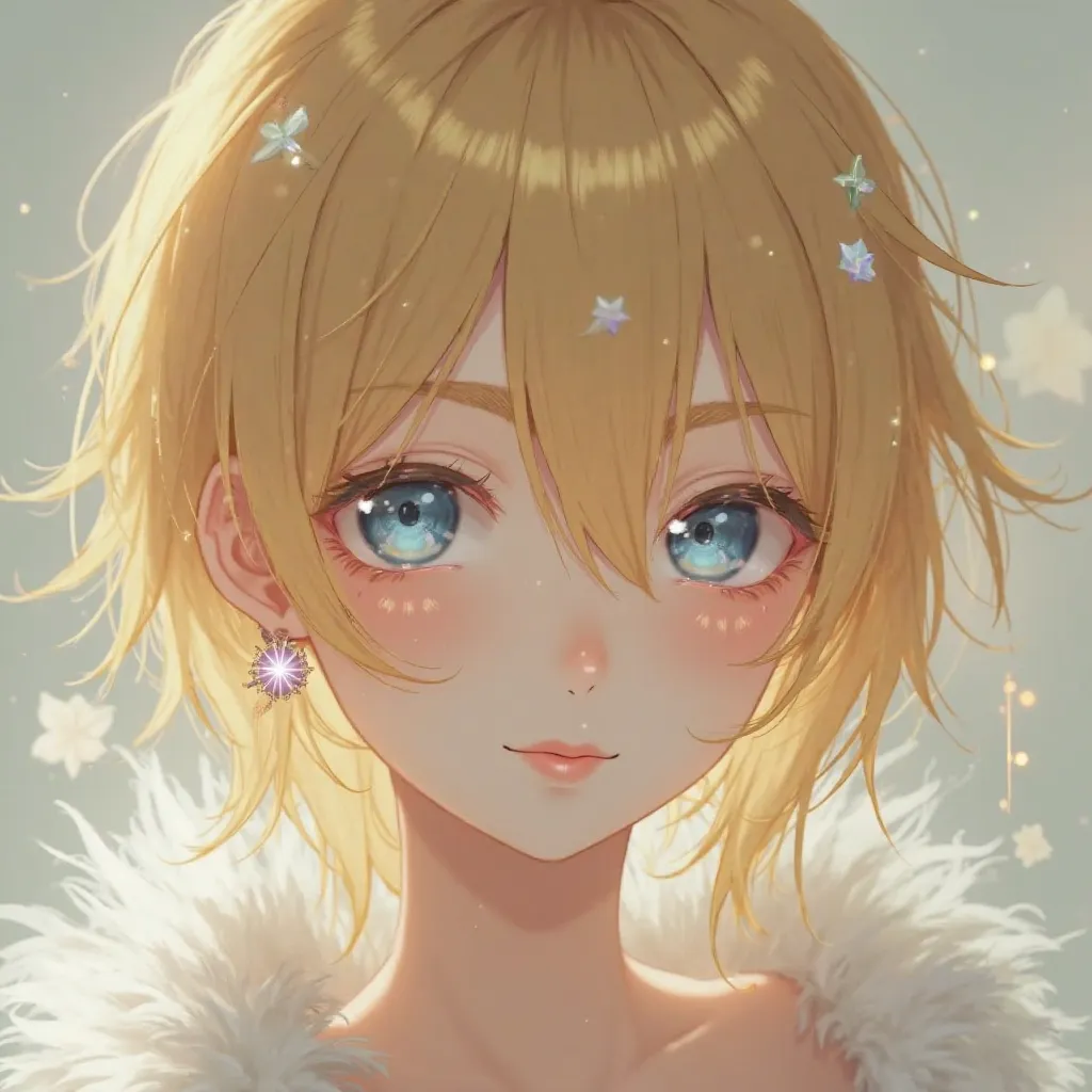  long hair,  Golden-haired, earring,  blue eye,  thin smile , นัยน์ตาสดใส, femboy,