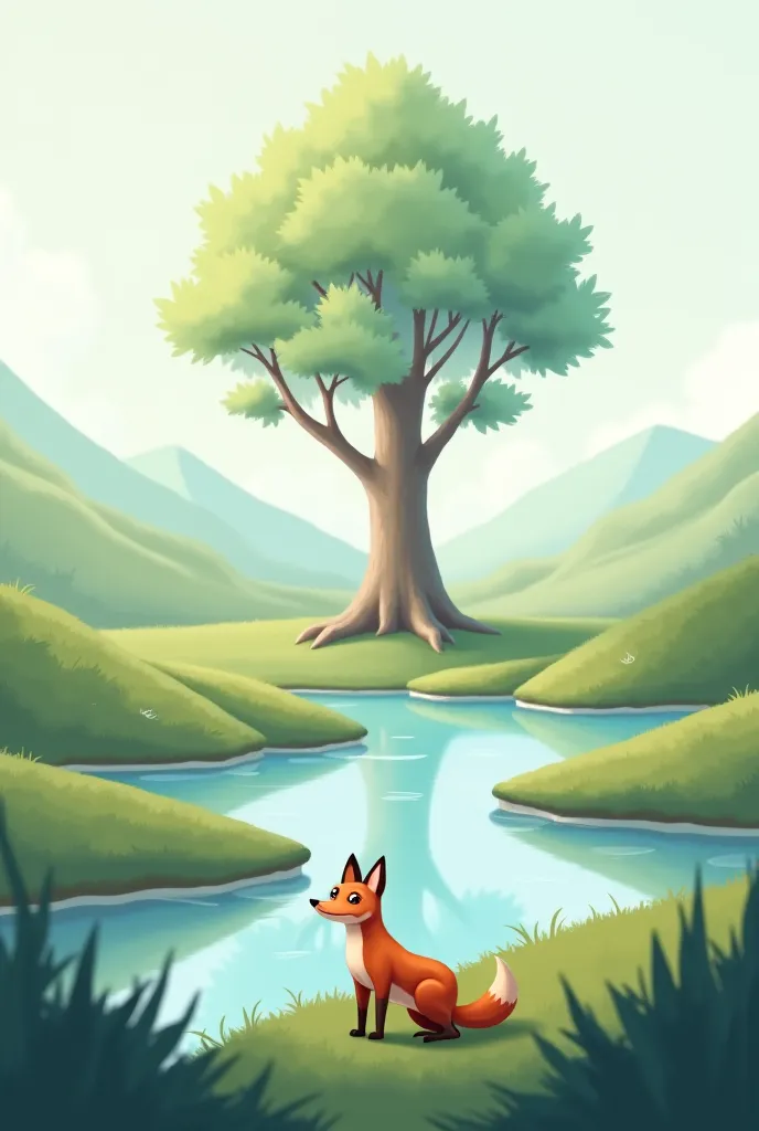 Fox and river and one tree 
