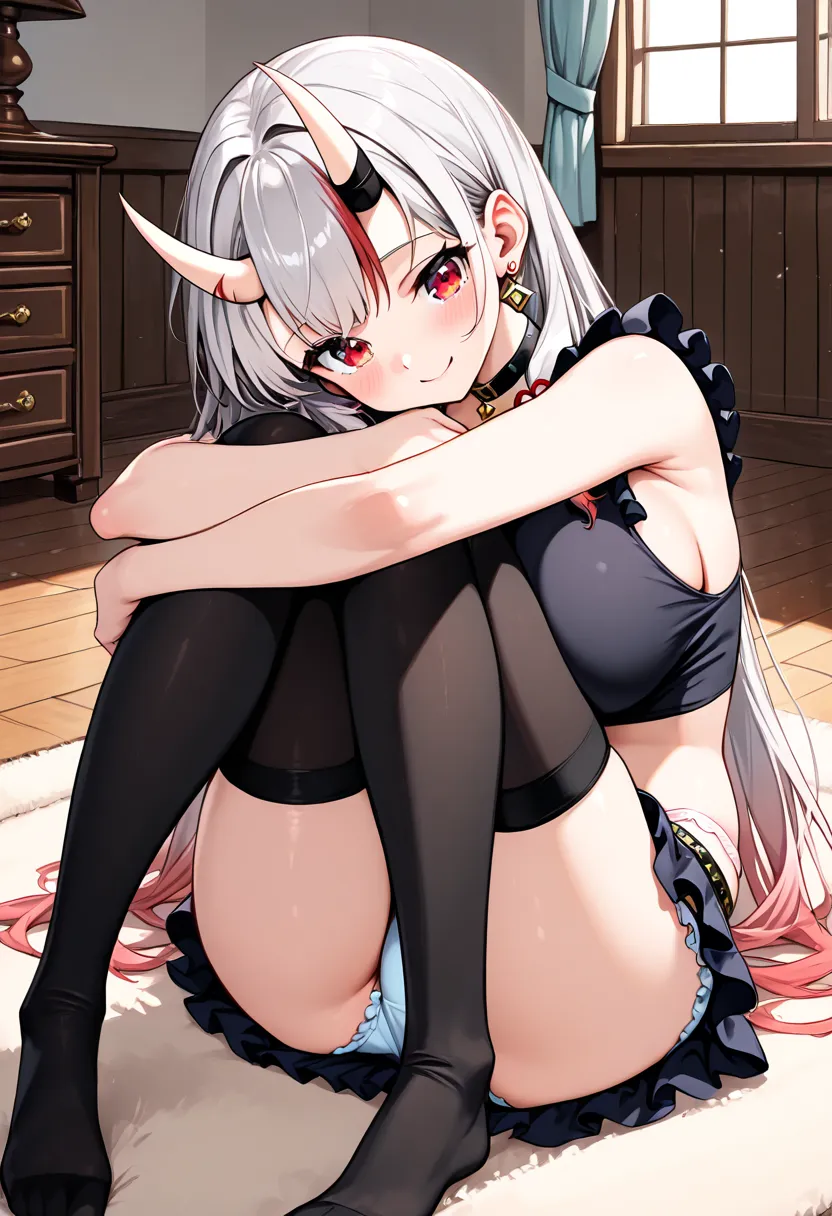 (Highest quality , 8k , masterpiece , incredibly absurdres , perfect body , super detailed skin , highly detailed eyes and face , 1 woman ) ,  nakiri ayame , Silver Hair , red eyes , demon horn , smile ,  will be happy , ( crop top, super short miniskirt ,...