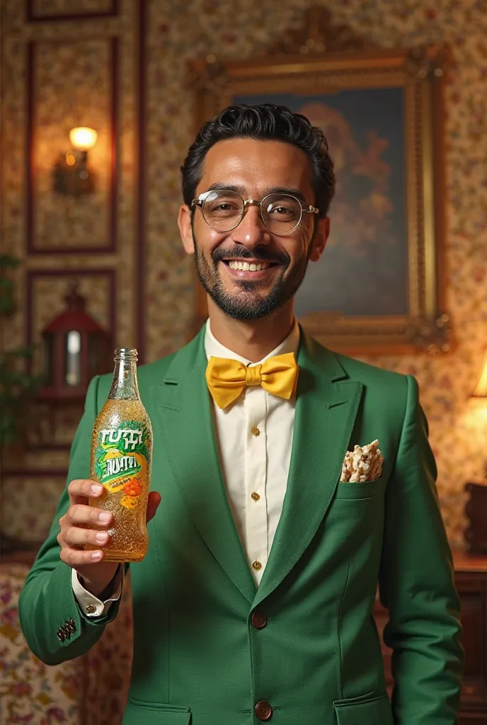 A highly detailed photorealistic image of a cheerful Egyptian man in his late 30s, wearing a vibrant green suit, a white shirt, and a yellow bowtie. He has neatly combed black hair, no beard, and wears stylish glasses. He is holding a cold, refreshing bott...