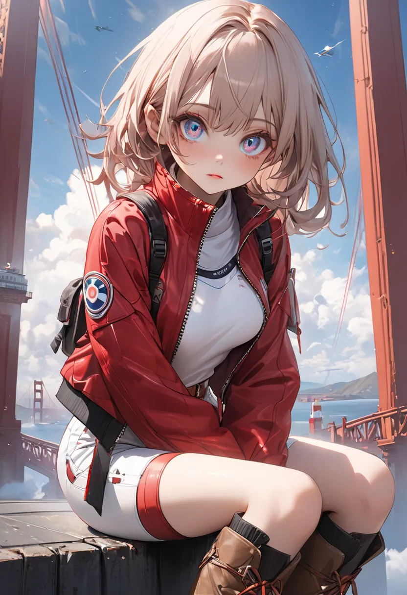 sit on the Golden Gate Bridge、wear a futuristic red cropped jacket、Wear white hot pants、wear brown short boots、Ultra High Definition、masterpiece、correct、is anatomically correct、textured skin、very detailed、high detail、Highest quality、Hi-Res、8k、surrealism、be...