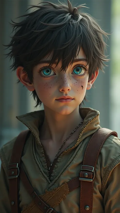 Cinematic: A lean, wiry ager (16-18 years old) with messy, dark brown hair that falls into his eyes.  
  - Pale skin with faint freckles, a result of years spent outdoors as an orphan.  
  - Bright, piercing blue eyes that glow faintly when the Moonblade’s...