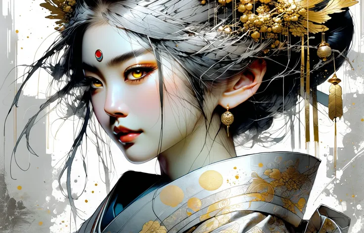 hand drawn sketch illustration of a beautiful SILVER GOLD and BLACK portrait of a very_YOUNG ancient japanese geisha, glowing eyes, long hair, hyperdetailed sad face, intricately kimono, golden ratio, light aura, frosty myst, ANIME MANGA STYLE, highly deta...