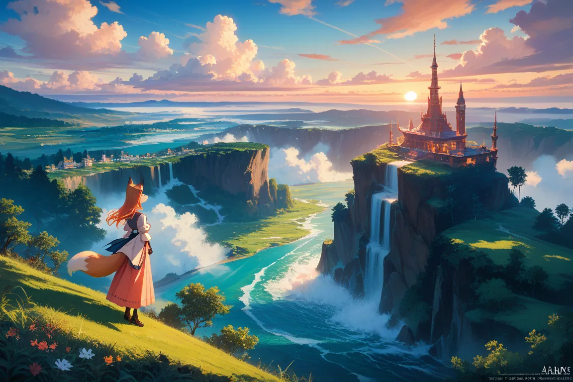 Picture of a sunset scene with a view of the coast,HIGHLY DETAILED GIBRIATS, BEAUTIFUL GIBRIARTS,  Landscape, Ghibli style painting,  beautiful painting with fox ears 