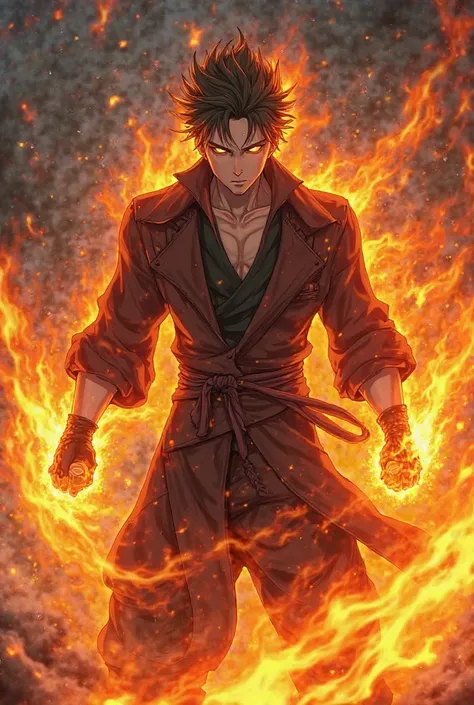 Generate a man anime character like sakuna from jujutsu kaisen that use fire as a super power with orange color eyes 