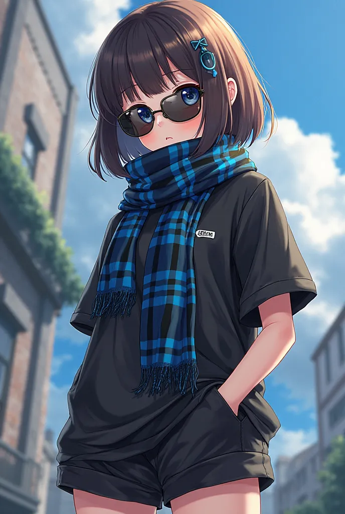  Girl in an oversized black t-shirt  ,  wide black shorts , hair under a square of dark brown-colored hair and references to items from various fandoms ,  eyes are blue,  sunglasses, and blue black plaid scarf , the background is cool and beautiful