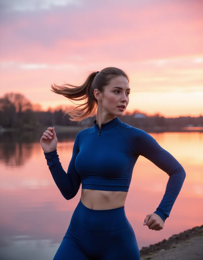 Full-body shot of Eden, a 23-year-old fitness model from Hamburg, running along the Alster lake as the sun sets, painting the sky in soft pink and orange hues. She wears deep blue compression leggings and a fitted long-sleeve crop top, her dark blonde pony...