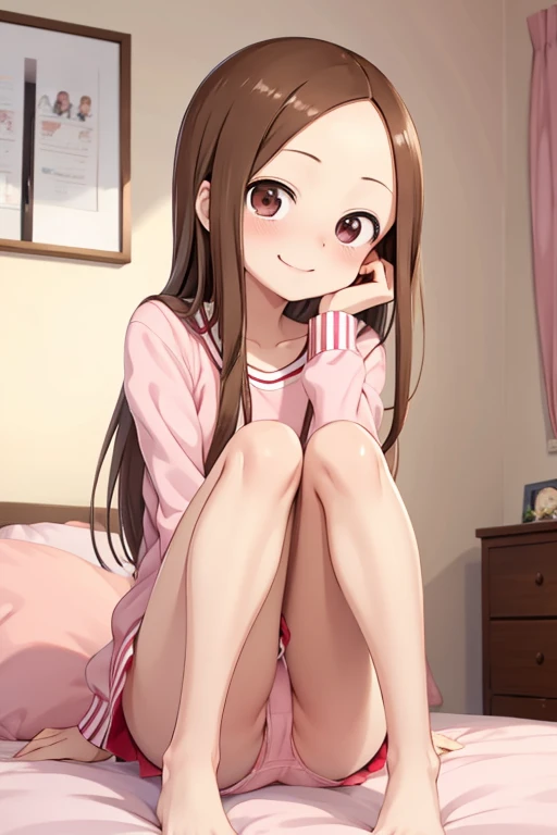 (Takagi)
upper body：pink pajamas
lower body：
 subject size ：maiden
backgrounds：bedroom
Time ：daytime
expression ： smile
Posture ：Sit on the bed
others：