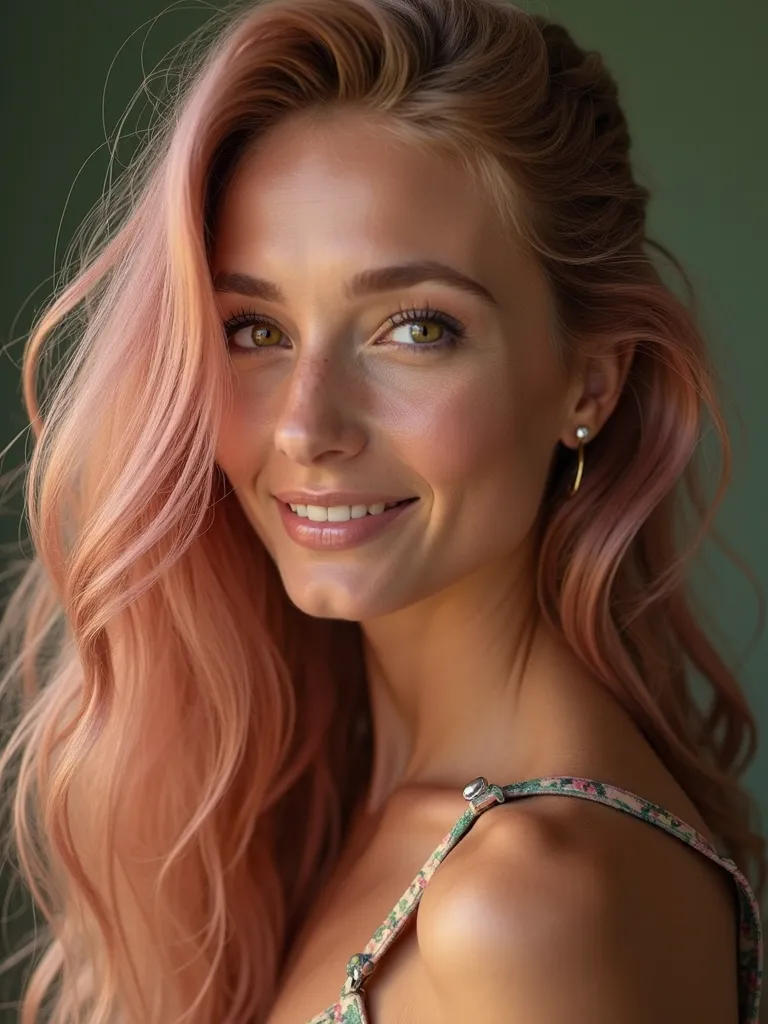 Warm woman of the brightest color, With a height of one and a half meters, Your hair is long, Your eyes are honey-colored, Your face is extremely beautiful. Put colors around her: lilac and green undertones..