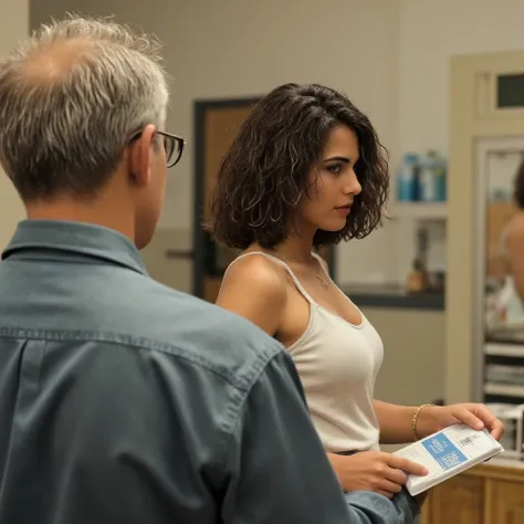 A cinema still, over the shoulder shot, of an older man with grey hair, glasses with a heavy frame,, seen from his back, standing behind the counter working as a pharmacist, is helping out a  cute Italian woman with short wavy dark brown hair, wearing a lo...