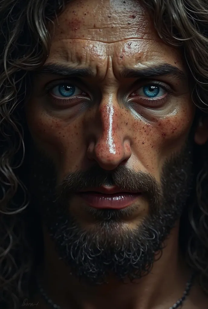 Generate an image of Jesus with blue eyes and tears in his eyes 