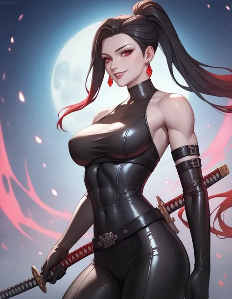 female black sleeveless latex bodysuit, black belt, black long tight pants, racerback, bare shoulders, long elbow gloves, black gloves, toned arms, beautiful faces, black ponytail with showing forehead, long sleek ponytail, earrings, soft smooth skin, pale...