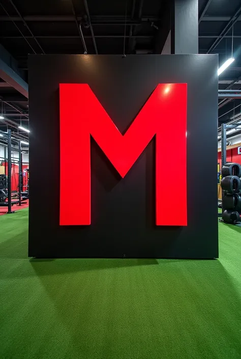 Gym ad called MDEPOT
The gym logo has the letter M in red and a black frame. It has an outdoor area made of artificial grass for fitness. 
He trains as superheroes Working out in the gym
Inside the gum and in the outer courtyard