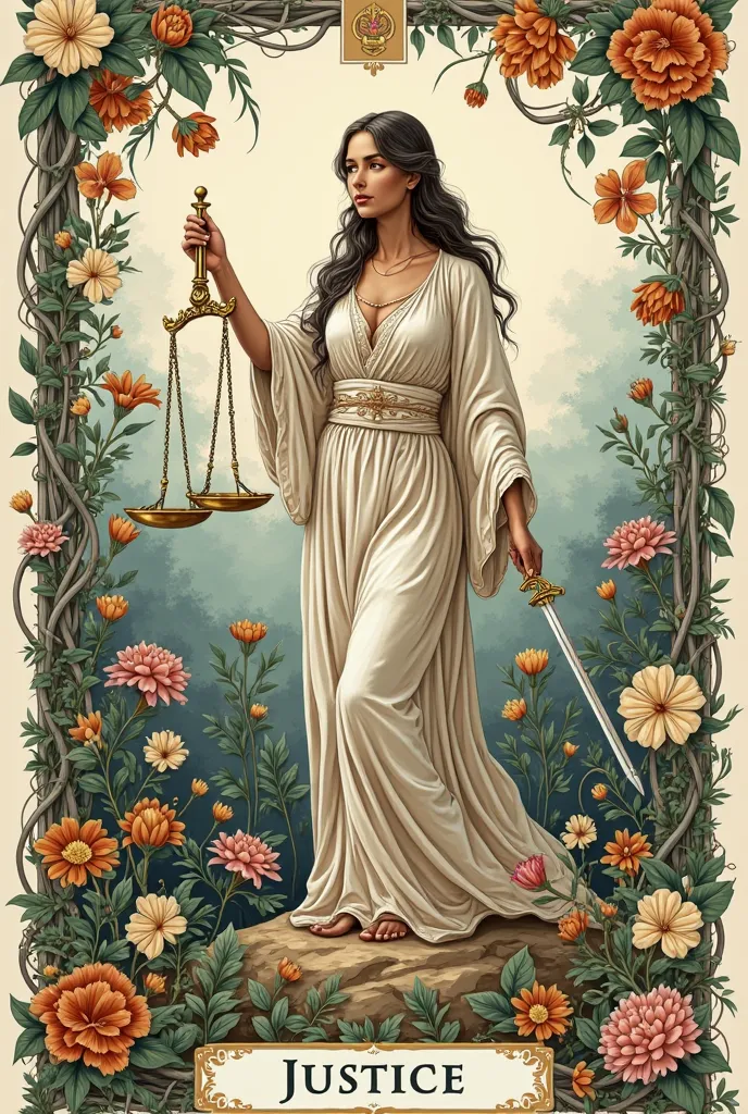 Carta de tarot de  justice  en estilo herbario que diga "  justice "  in Spanish


