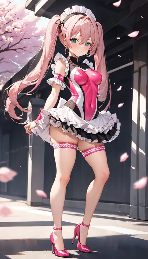  Hatsune Miku（Height: 160cm、sexy body）((A race queen standing under cherry blossoms, wearing a glossy, form-fitting black and pink high-leg leotard. She also wears a sheer, flowing mini skirt that adds a delicate touch. Her shoulders are adorned with frill...